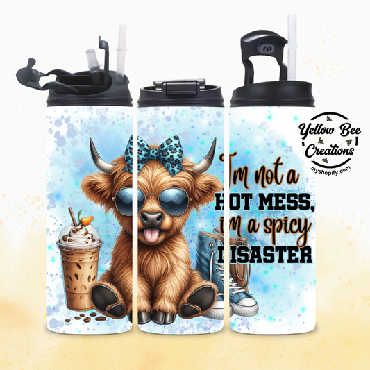 20oz Tumbler - Highland cow I'm not a hot mess, I'm a spicy disaster, blue