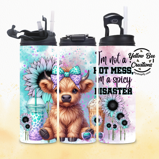 20oz Tumbler - Highland cow I'm not a hot mess, I'm a spicy disaster, Pink & blue