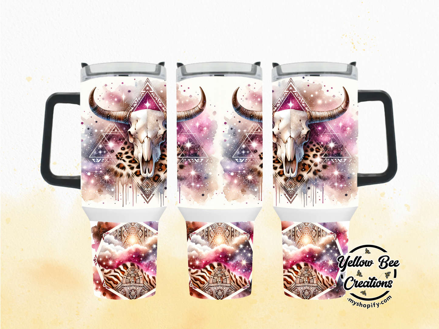 40oz & 30oz Tumbler - Skull cow long horns sparkle